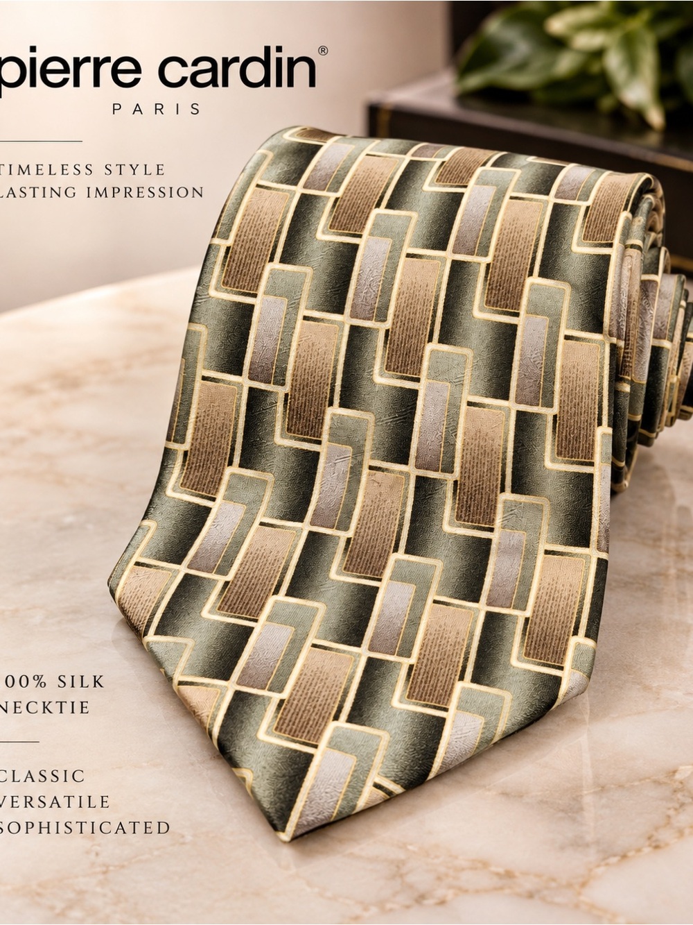 Pierre Cardin Olive and Tan Geometric Silk Tie